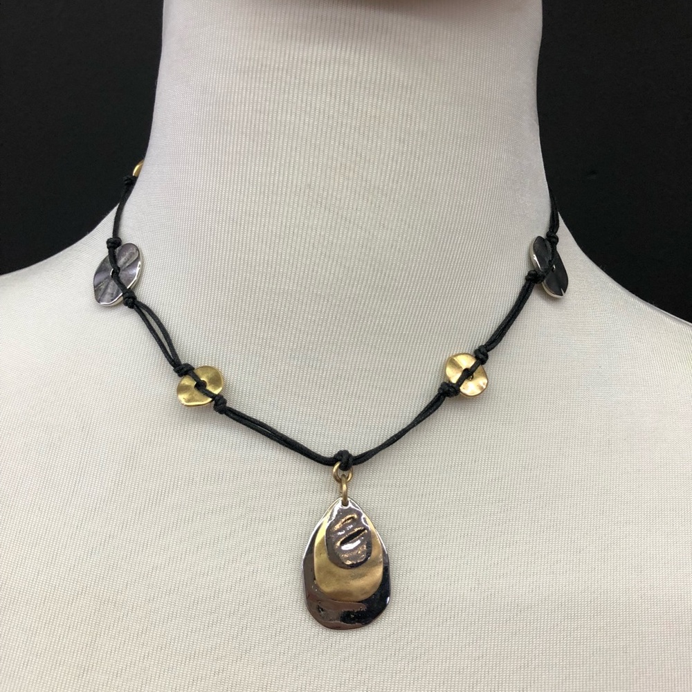 Hammered metal Gold and Silver Black Cord Necklace